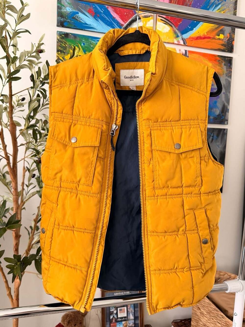 Men’s Mustard Yellow Quilted Puffer Vest Jacket Streetwear Size S